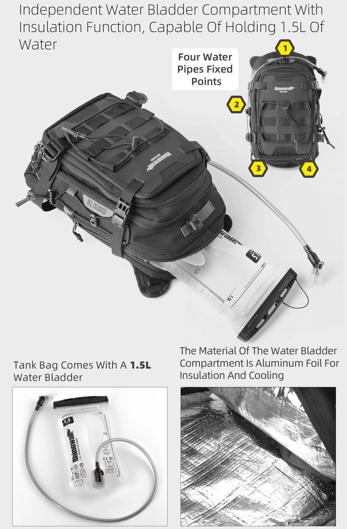 RhinoWalk 9L Motorcycle Tank Bag – Hydration Bladder, Waterproof Gear