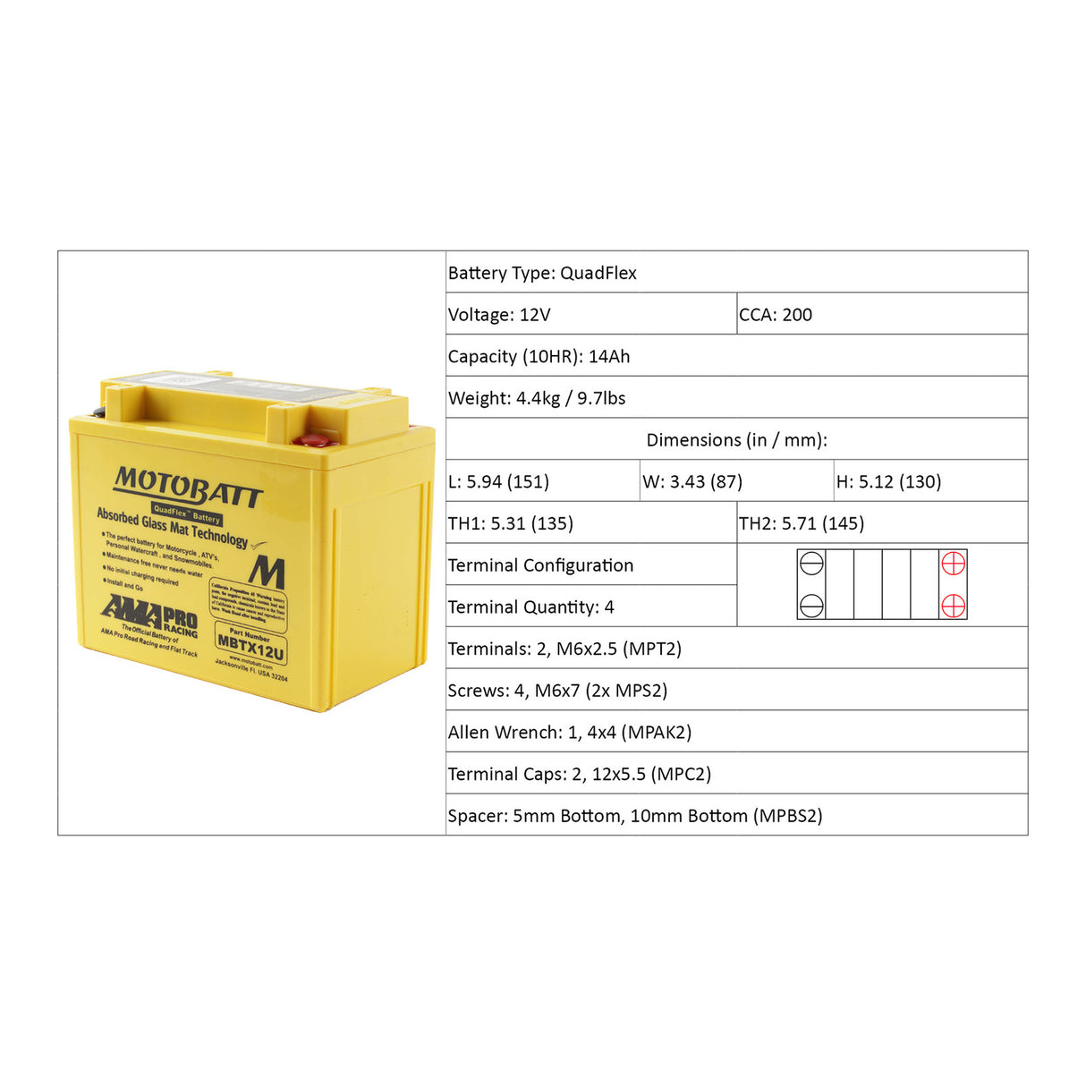 Motobatt Battery Quadflex AGM - MBTX12U