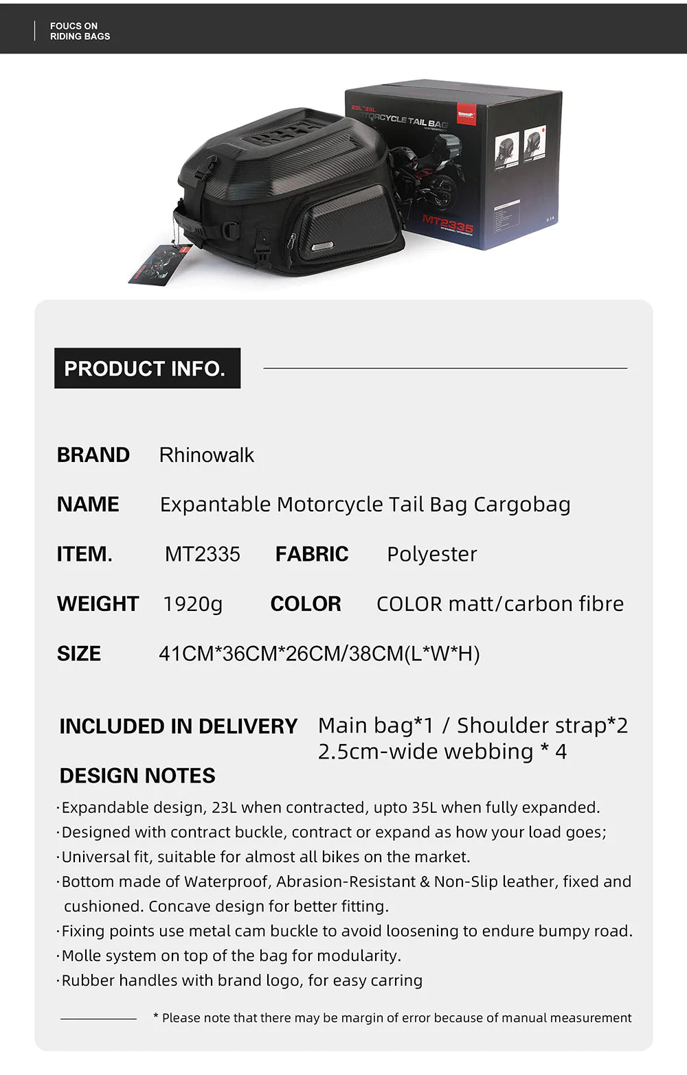 Rhinowalk Hard Shell Tail Bag 23L-35L Expandable