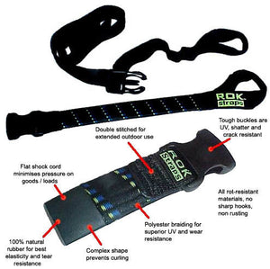 Rok Straps - Motorcycle adjustable stretch strap (Pair) Black with blue/green twist